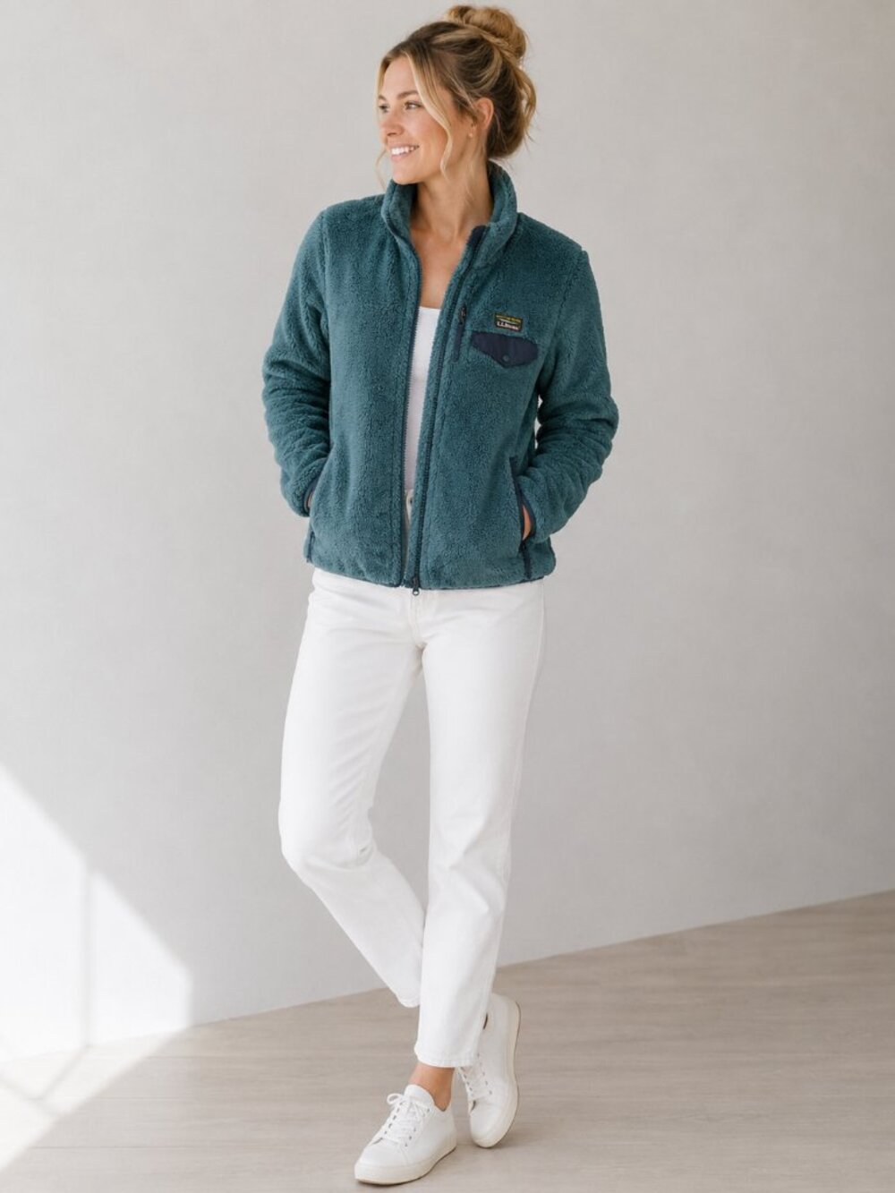L.L.Bean Plush Full-Zip Fleece Jacket in Teal with Elbow Patches